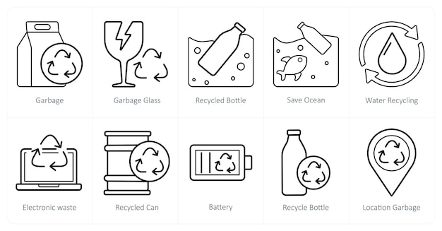Un conjunto de 10 iconos de ecología como botella reciclada de vidrio de basura