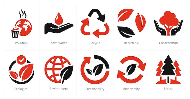 Un conjunto de 10 íconos de la ecología como la contaminación, el ahorro y el reciclaje del agua