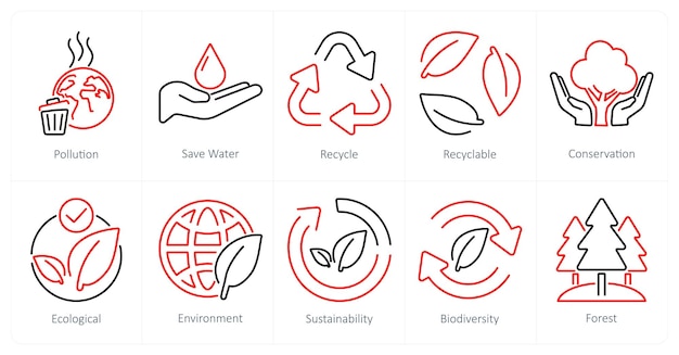 Un conjunto de 10 íconos de la ecología como la contaminación, el ahorro y el reciclaje del agua