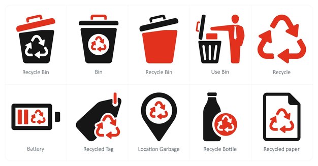 Un conjunto de 10 iconos de ecología como contenedor de reciclaje, contenedor de uso
