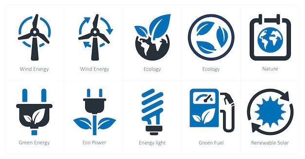 Un conjunto de 10 iconos de ecología como la energía eólica ecología naturaleza