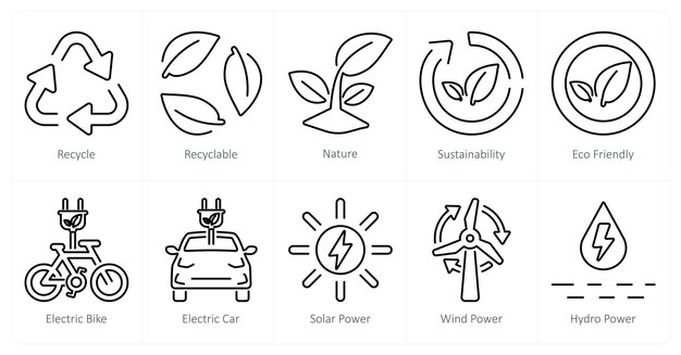 Un conjunto de 10 íconos de ecología como reciclar la naturaleza reciclable