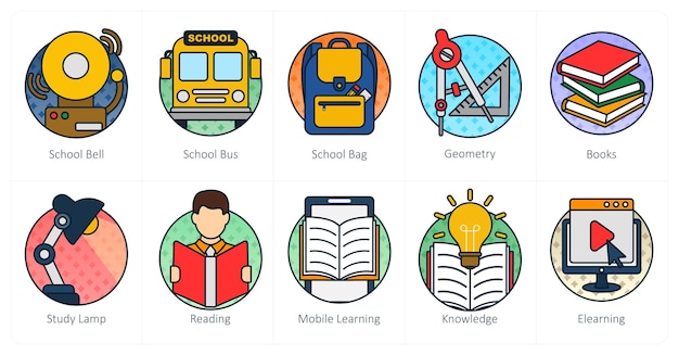 Un conjunto de 10 iconos de educación como campana de la escuela, bolsa de autobús de la escuela.