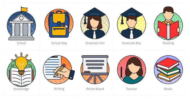 Un conjunto de 10 íconos de la educación como chica de graduación de la bolsa de la escuela