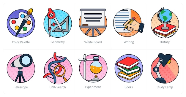 Un conjunto de 10 iconos de educación como tablero blanco de geometría de paleta de colores
