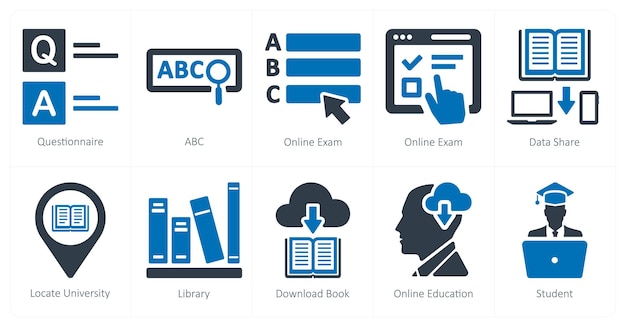 Un conjunto de 10 iconos de educación en línea como cuestionario abc examen en línea