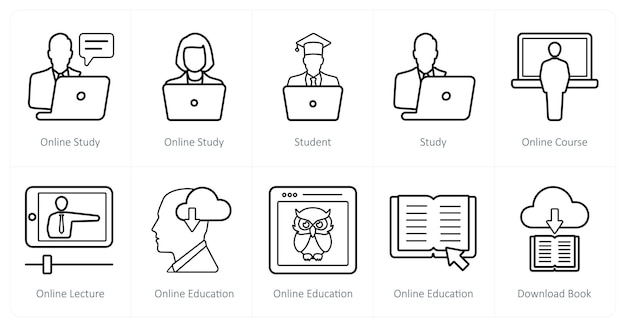 Un conjunto de 10 íconos de educación en línea como curso en línea de estudio de estudiantes