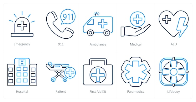 Un conjunto de 10 iconos de emergencia como ambulancia de emergencia 911