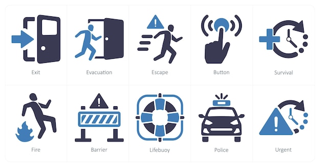 Un conjunto de 10 iconos de emergencia como salida de evacuación de escape