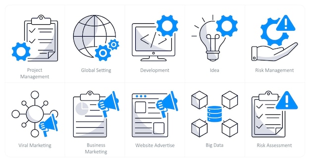 Un conjunto de 10 iconos empresariales como desarrollo de la configuración global de gestión de proyectos
