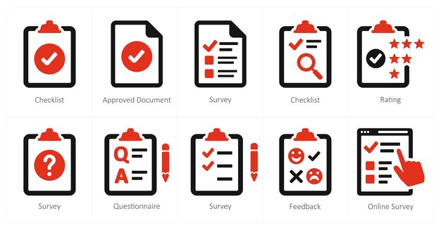 Un conjunto de 10 iconos de encuesta y calificaciones como lista de comprobación de la encuesta de documentos aprobados