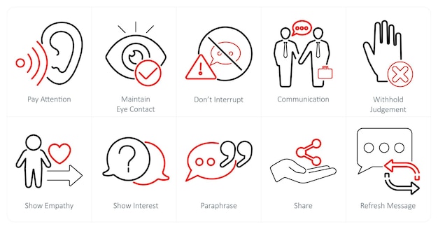 Un conjunto de 10 íconos de escucha activa como prestar atención mantener el contacto visual no interrumpir