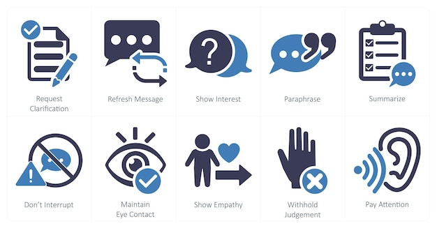 Un conjunto de 10 iconos de escucha activos como solicitud de aclaración de actualización de mensaje muestran interés