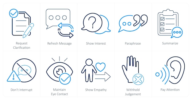Un conjunto de 10 iconos de escucha activos como solicitud de aclaración de actualización de mensaje muestran interés