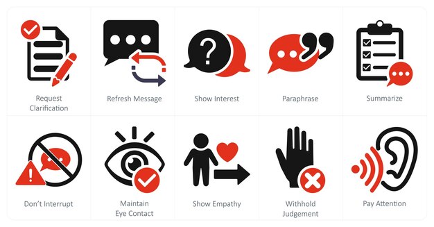 Un conjunto de 10 iconos de escucha activos como solicitud de aclaración de actualización de mensaje muestran interés