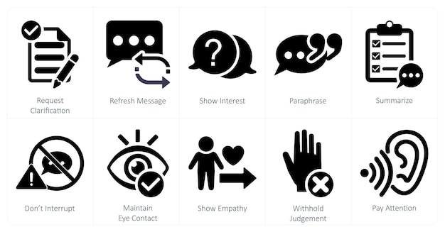 Un conjunto de 10 iconos de escucha activos como solicitud de aclaración de actualización de mensaje muestran interés