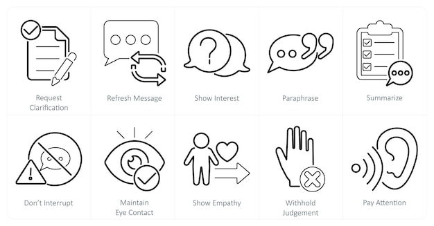 Un conjunto de 10 iconos de escucha activos como solicitud de aclaración de actualización de mensaje muestran interés