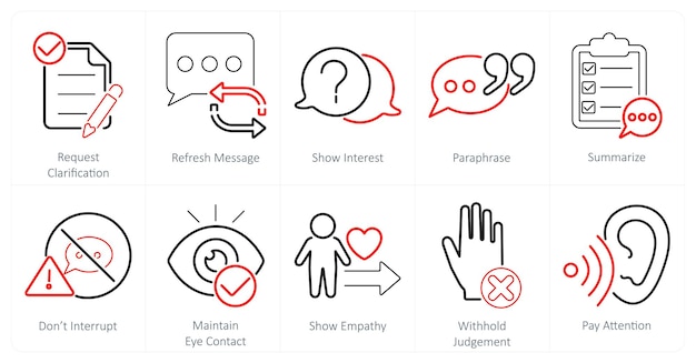 Un conjunto de 10 iconos de escucha activos como solicitud de aclaración de actualización de mensaje muestran interés
