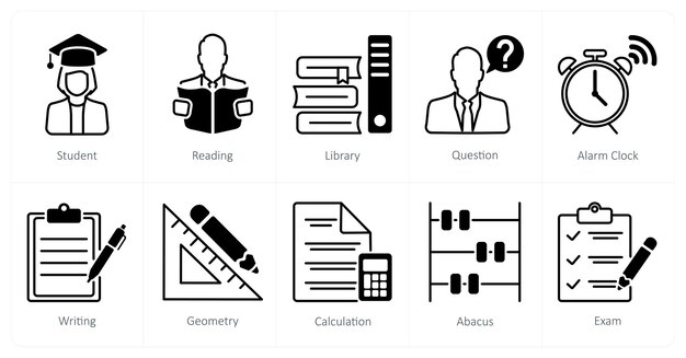 Un conjunto de 10 iconos de la escuela y la educación como biblioteca de lectura para estudiantes