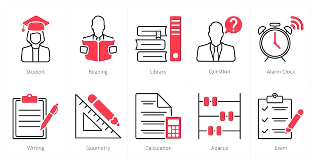 Un conjunto de 10 iconos de la escuela y la educación como biblioteca de lectura para estudiantes