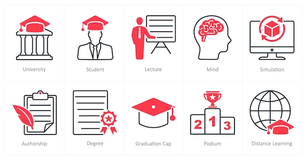 Un conjunto de 10 íconos de la escuela y la educación como conferencia de estudiantes universitarios