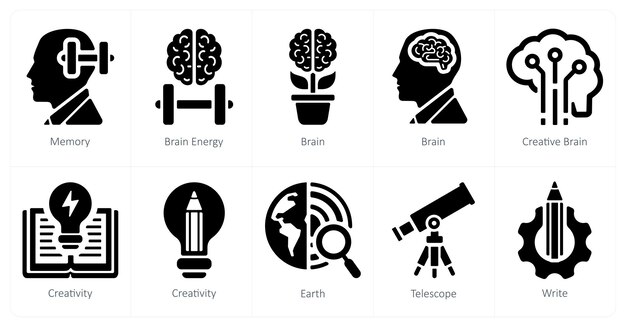 Un conjunto de 10 íconos de la escuela y la educación como memoria cerebro energía cerebro