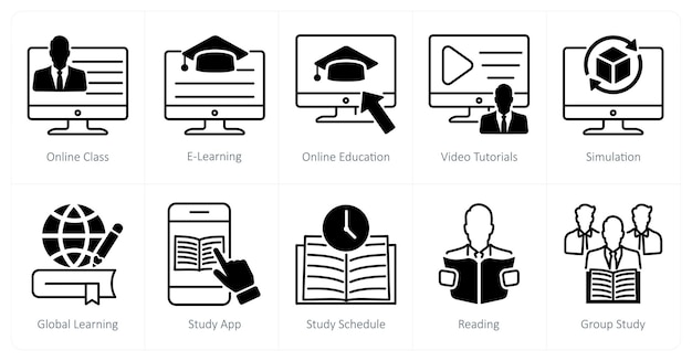 Un conjunto de 10 iconos de la escuela y la educación como tutoriales de video de aprendizaje en línea
