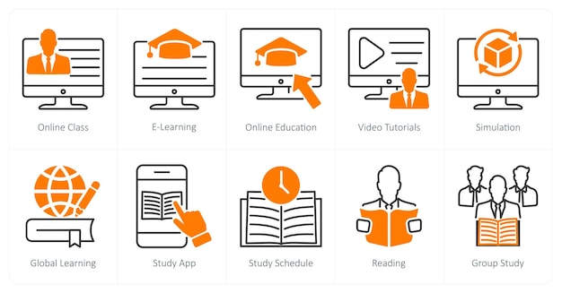 Un conjunto de 10 iconos de la escuela y la educación como tutoriales de video de aprendizaje en línea