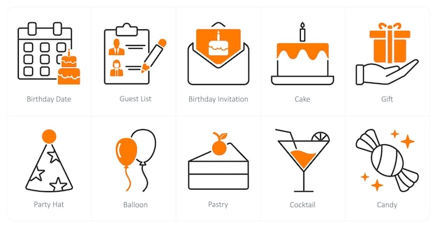 Un conjunto de 10 iconos de fiesta y celebración como invitación de fecha de cumpleaños de la lista de invitados