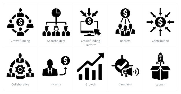 Un conjunto de 10 iconos de financiación colectiva como plataforma de financiación colectivo de accionistas