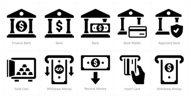 Un conjunto de 10 íconos financieros como billetera bancaria de banco bancario