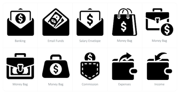 Un conjunto de 10 iconos financieros como fondos bancarios de correo electrónico sobre el salario