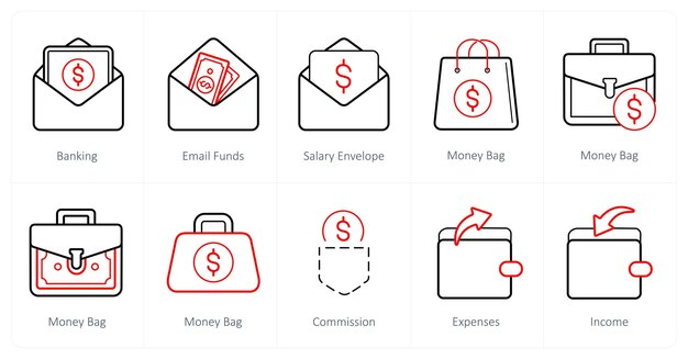 Un conjunto de 10 iconos financieros como fondos bancarios de correo electrónico sobre el salario