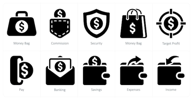 Un conjunto de 10 íconos financieros como seguridad de comisión de bolsa de dinero