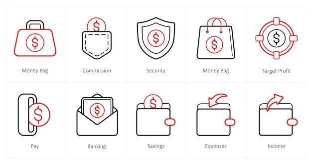 Un conjunto de 10 íconos financieros como seguridad de comisión de bolsa de dinero