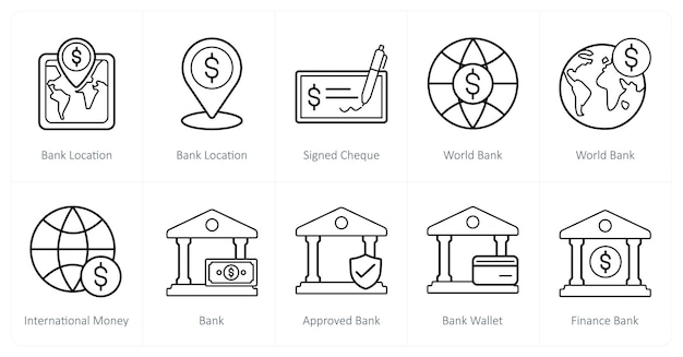 Un conjunto de 10 iconos financieros como ubicación del banco firmado cheque banco mundial