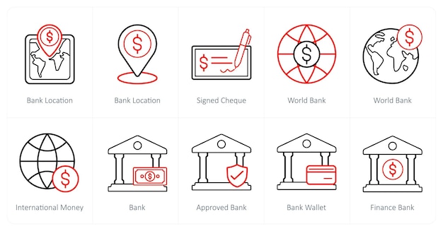 Un conjunto de 10 iconos financieros como ubicación del banco firmado cheque banco mundial