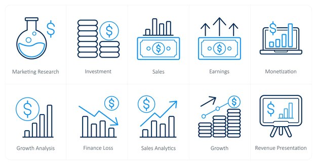 Un conjunto de 10 íconos financieros como ventas de inversiones de investigación de marketing