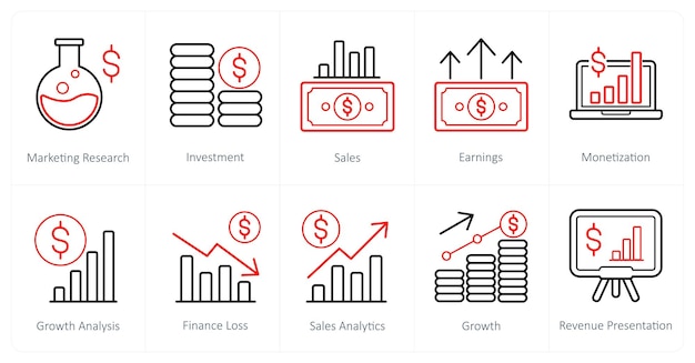 Un conjunto de 10 íconos financieros como ventas de inversiones de investigación de marketing