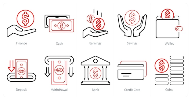 Un conjunto de 10 iconos de finanzas como ganancias en efectivo de finanzas