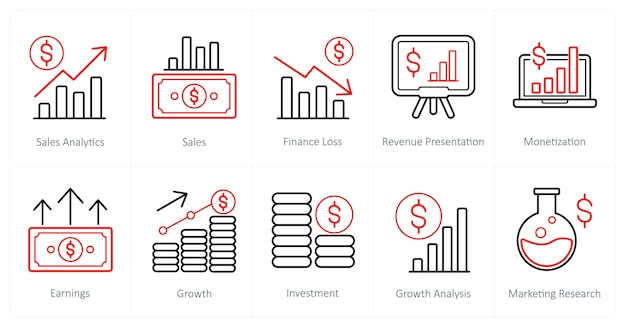 Un conjunto de 10 iconos de finanzas y dinero como análisis de ventas pérdidas financieras de ventas