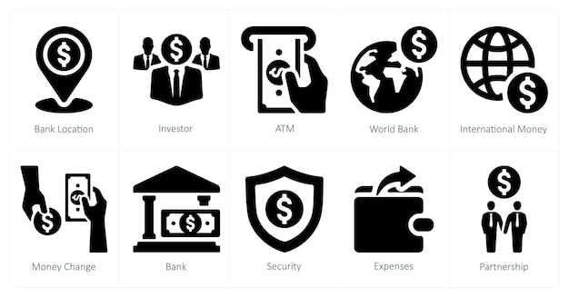 Un conjunto de 10 iconos de finanzas y dinero como ATM de inversor de ubicación bancaria