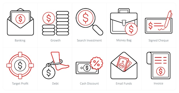 Un conjunto de 10 iconos de finanzas y dinero como inversión de búsqueda de crecimiento bancario