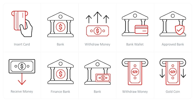 Un conjunto de 10 iconos de finanzas y dinero como tarjeta de inserción banco retirar dinero