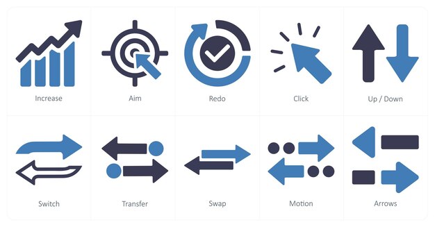 Un conjunto de 10 iconos de flechas como aumento de la mira redo