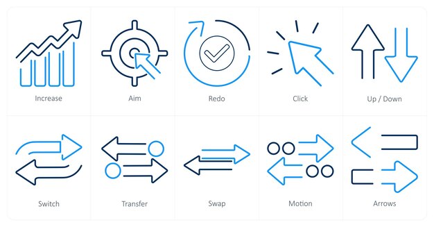 Un conjunto de 10 iconos de flechas como aumento de la mira redo