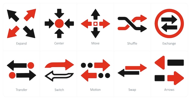 Un conjunto de 10 iconos de flechas como movimiento de centro de expansión