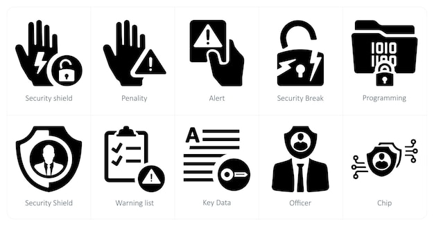 Un conjunto de 10 iconos de GDPR como alerta de penalización de escudo de seguridad