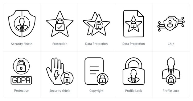 Un conjunto de 10 iconos de GDPR como escudo de seguridad para la protección de datos