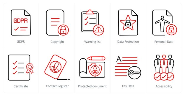 Un conjunto de 10 iconos de GDPR como lista de derechos de autor de GDPR